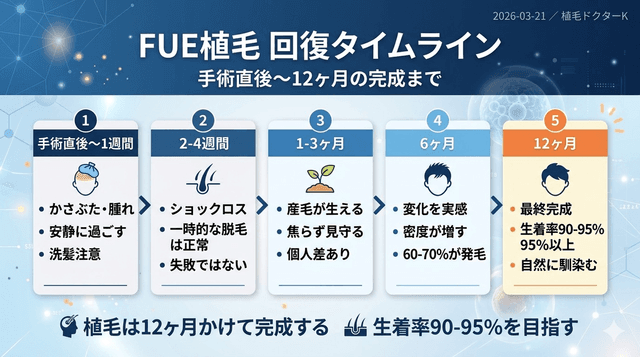 FUE植毛の術後経過｜手術直後〜12ヶ月の回復タイムライン