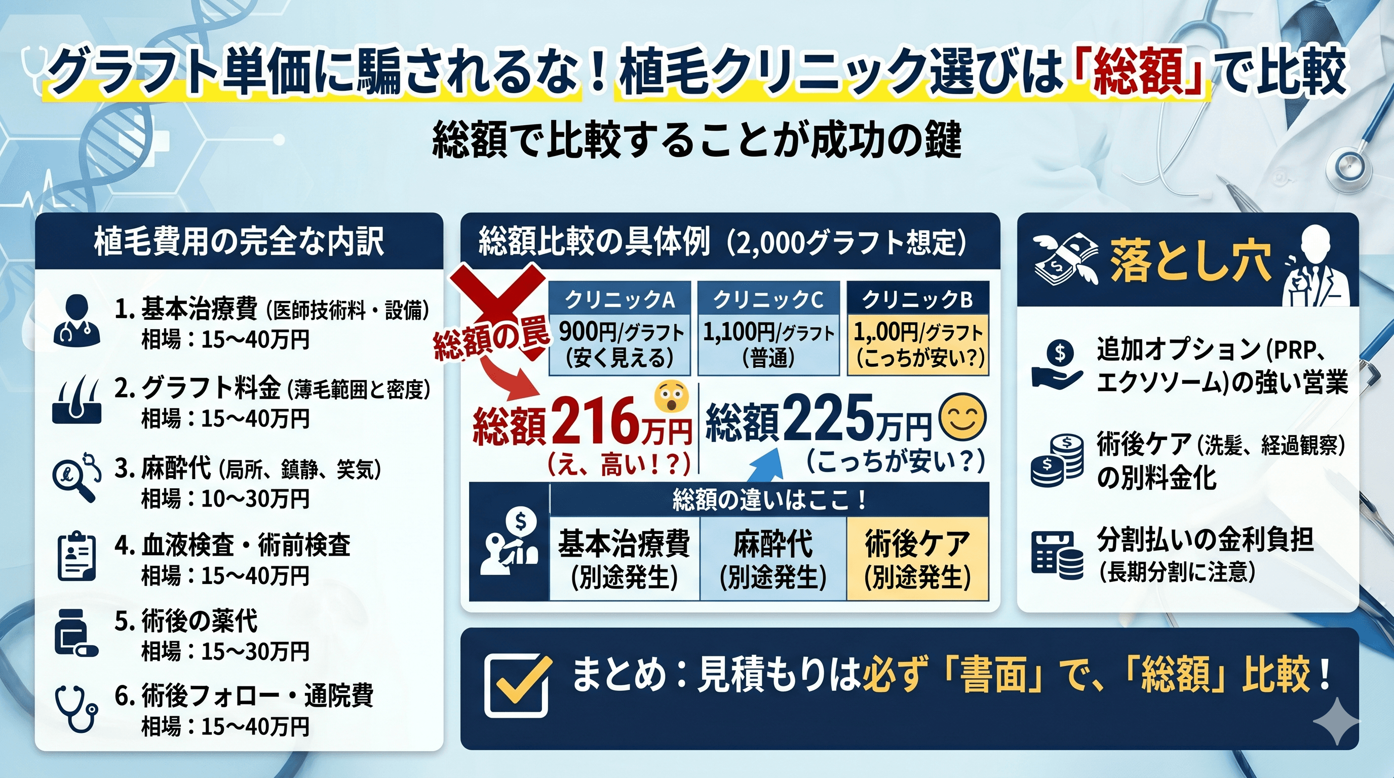 植毛費用の内訳｜グラフト単価だけで比較すると失敗する理由
